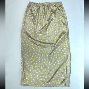 Misguided pull on midi pencil polka dot slip skirt in yellow/gray SzM NWOT